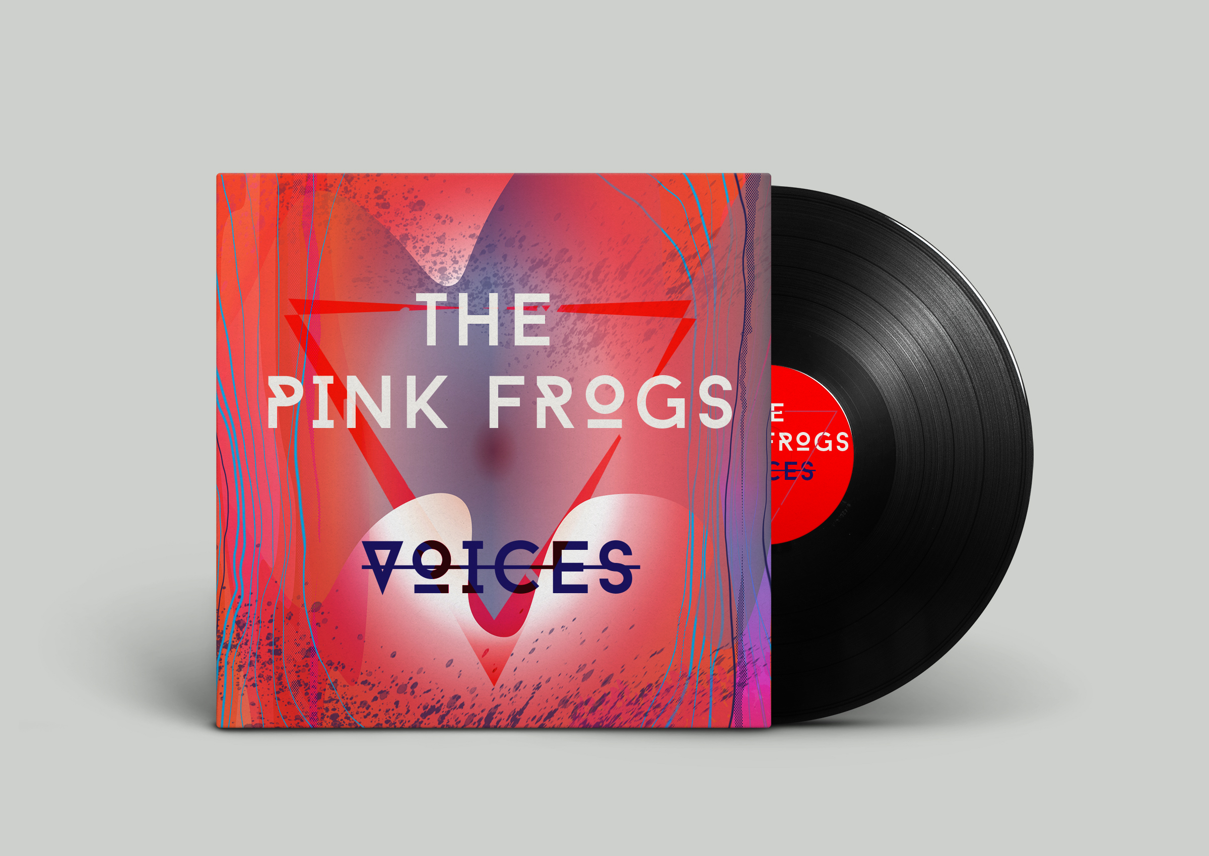 mock up de présentation de la création de la pochette vinyl du groupe the pink frogs en digital painting